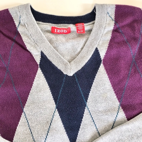 IZod V-Neck Purple & Navy Argyle Pattern Men’s Sweater XL - Picture 4 of 13